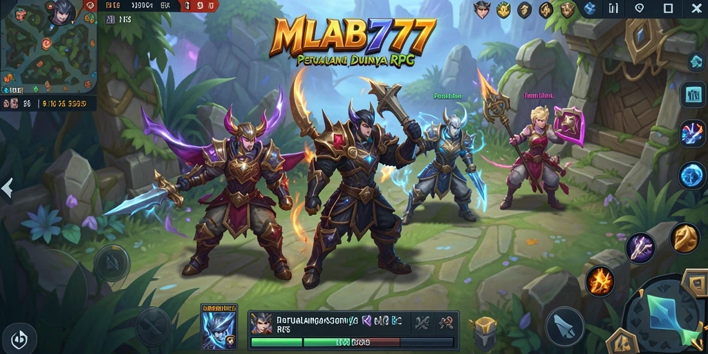 Antarmuka game RPG dengan grafik menawan dan karakter yang beragam.
