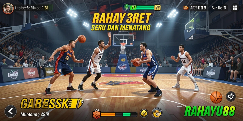 Tampilan antarmuka RAHAYU88 dengan pemain basket yang sedang beraksi.